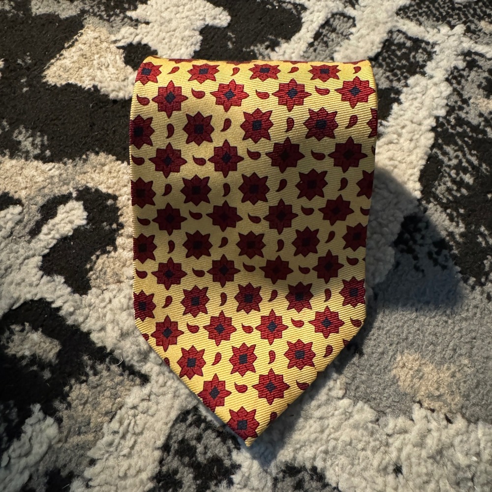 Vintage Burberrys of London Silk Tie Gold Red Geometric Floral Paisley USA Made